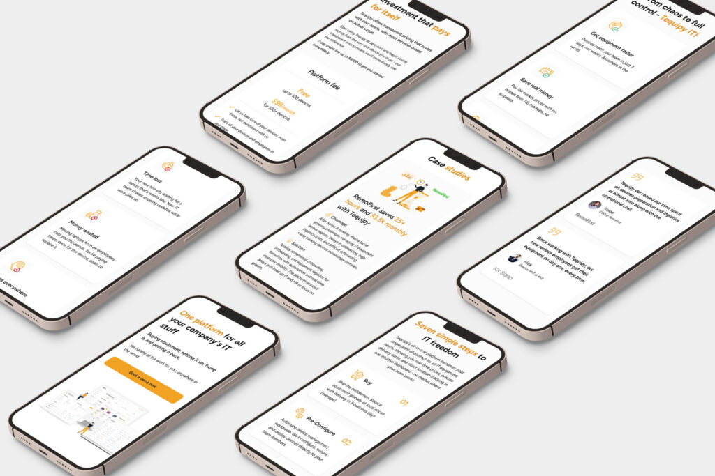 Tequipy mobile website pages on smartphones