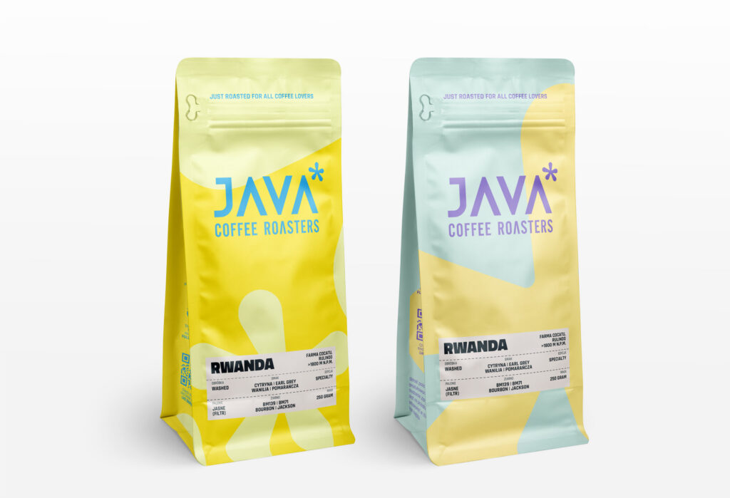 JAVA Coffee Roasters 1 kg coffee bags in yellow and mint