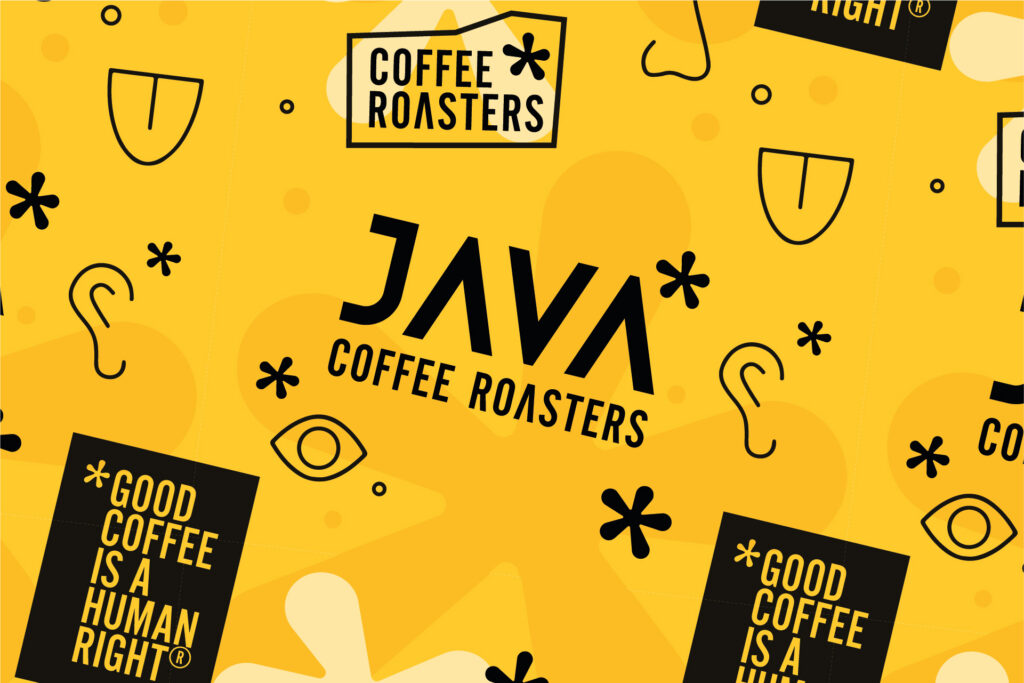 JAVA Coffee Roasters yellow pattern with icons and the "Good coffee is a human right" slogan