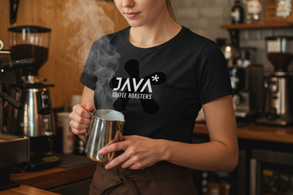 Barista in a black JAVA Coffee Roasters T-shirt pouring milk