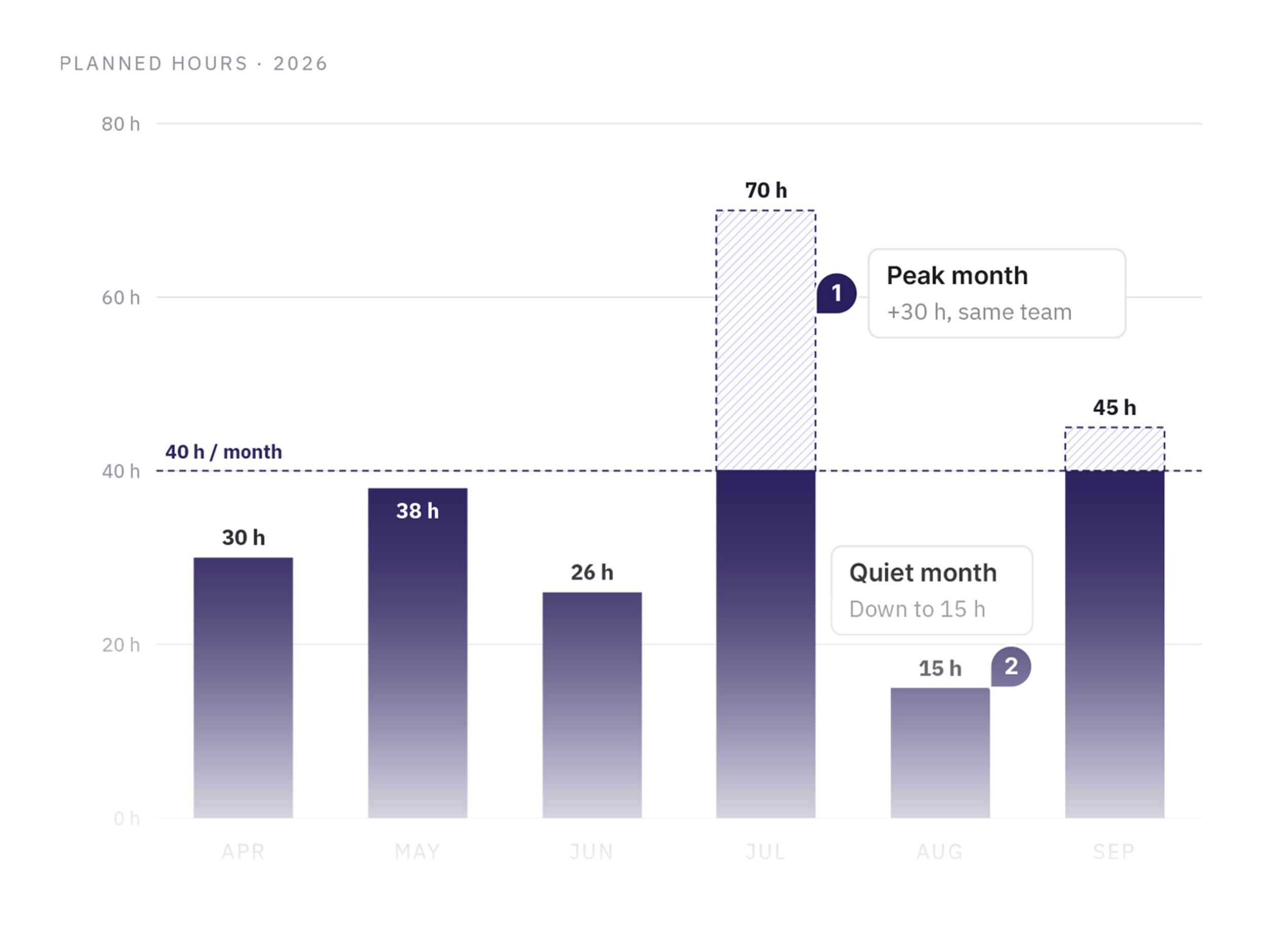 Chart of monthly planned hours: a steady 40 h a month, with a 70 h peak and a 15 h quiet month, same team