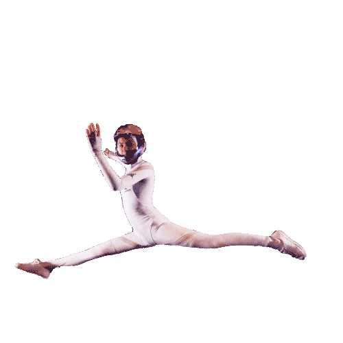 Animated cut-out of a flyer in a white suit doing the splits