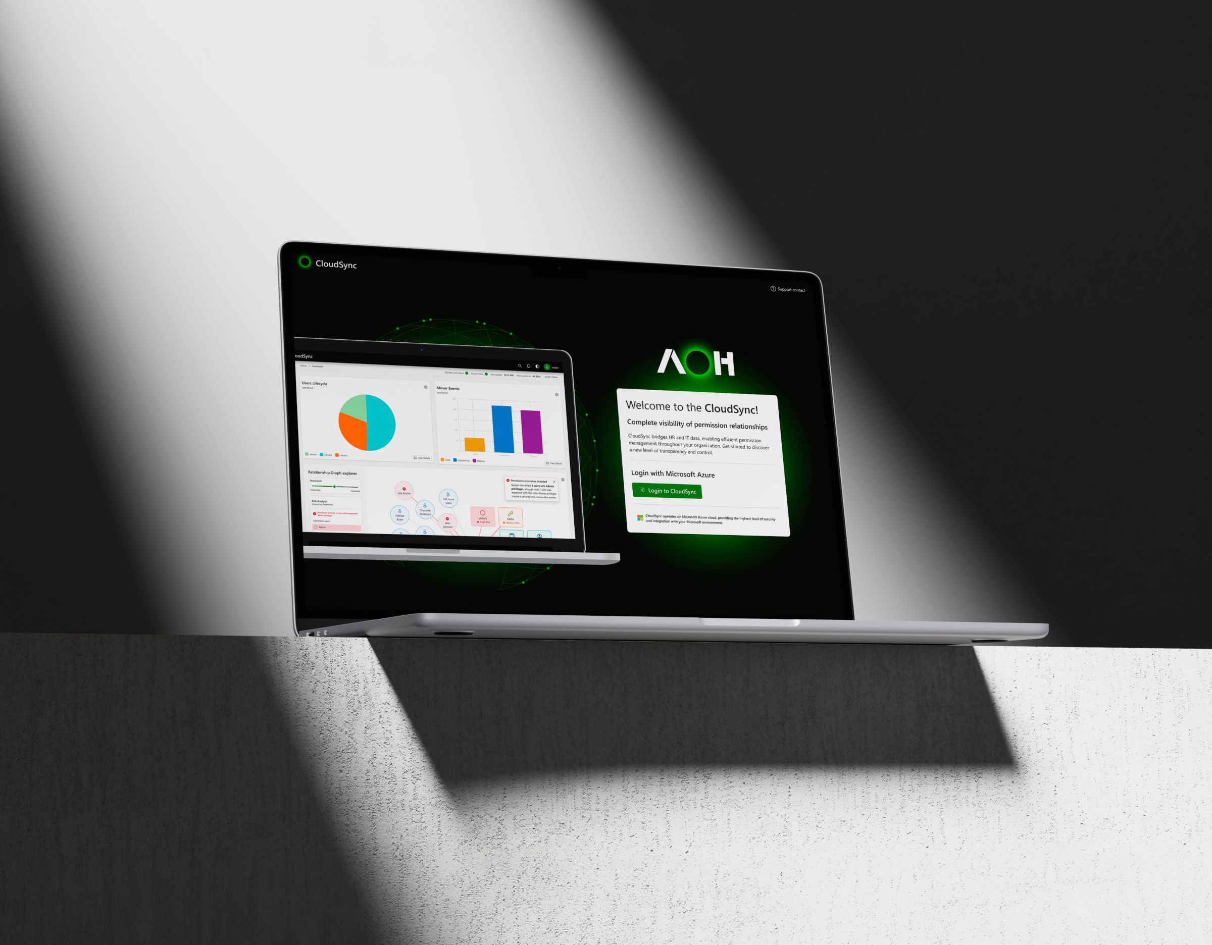 Laptop with the AOHWV CloudSync dashboard in a beam of light
