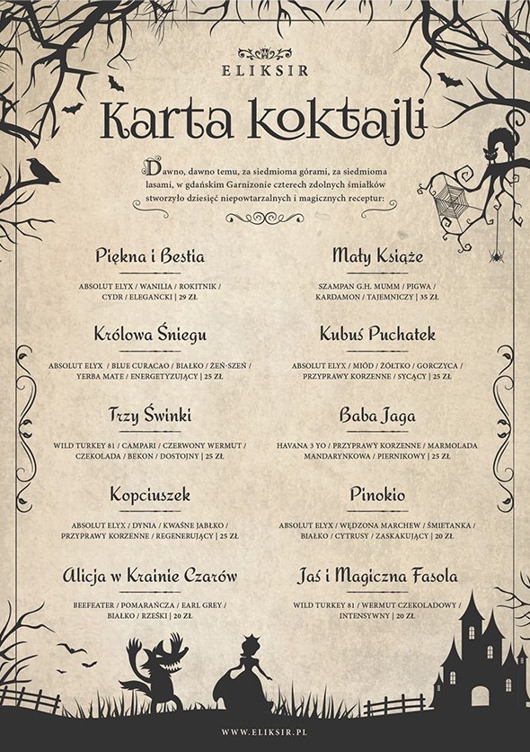 Eliksir fairy-tale cocktail menu with dark forest silhouettes