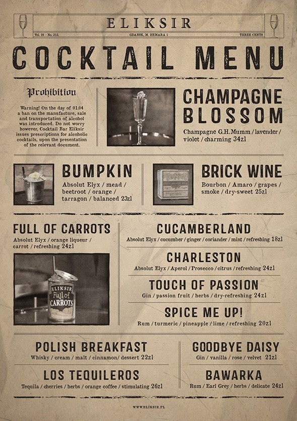 Eliksir cocktail menu designed like a vintage newspaper