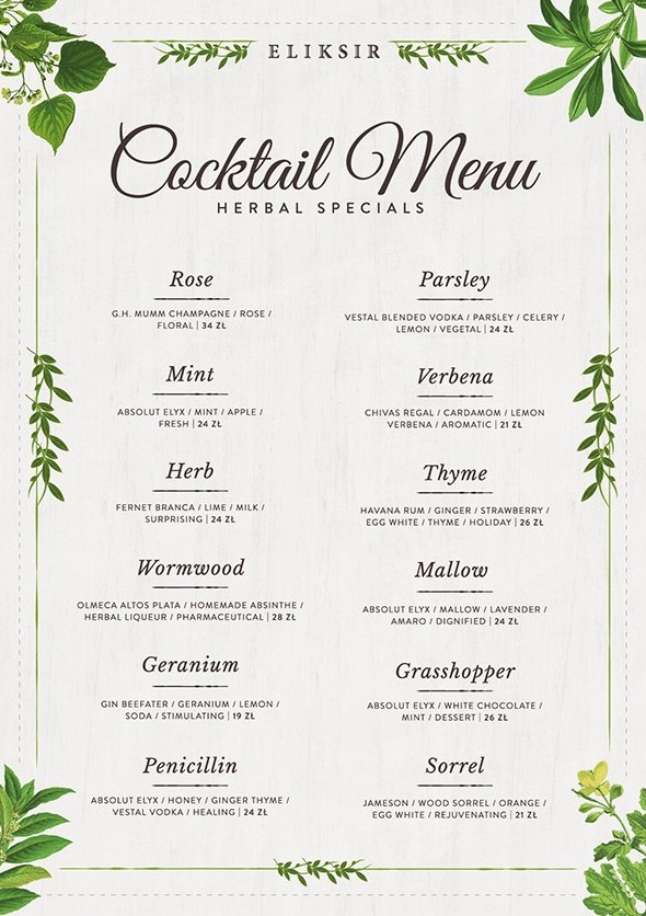 Eliksir herbal specials cocktail menu with green leaf borders