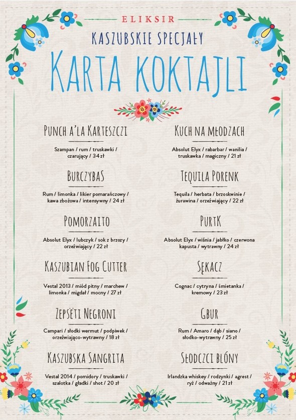 Eliksir Kashubian specials cocktail menu with folk flower borders